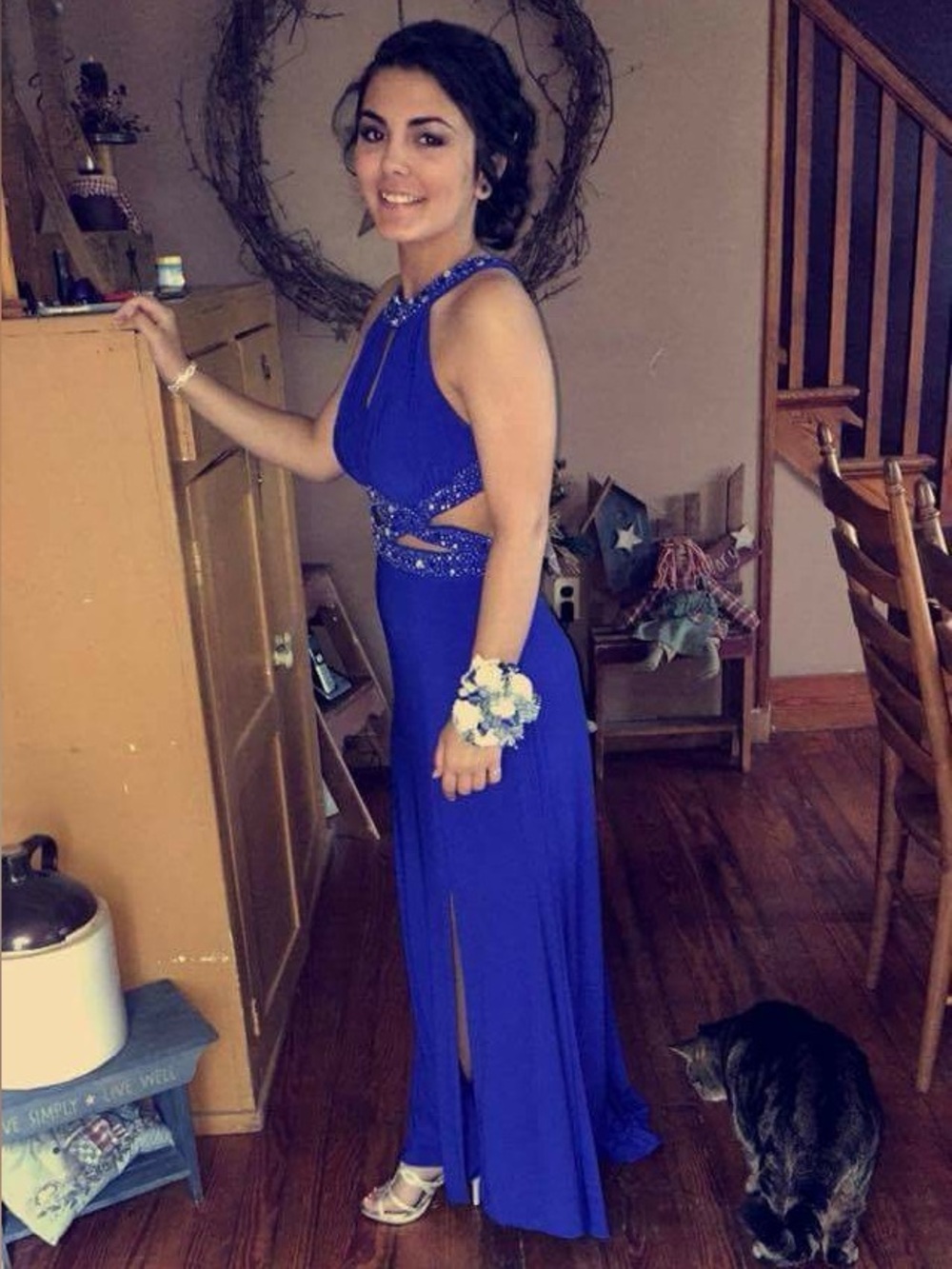 Morgan & Co. Royal Blue Beaded Cutout Prom Gown